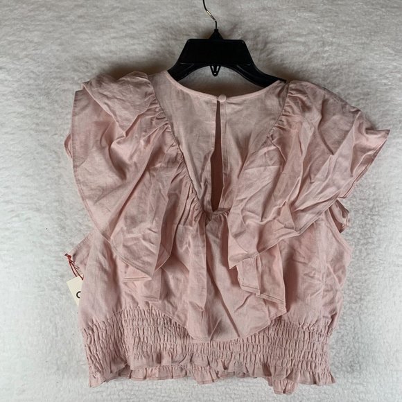 Open Edit Crop Top Womens XL Pink Sleeveless‎ Ruffle Crew Neck Linen Ruched 6387 - Picture 2 of 7